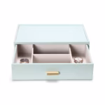 SortWithStyle aqua jewelry box interior showing six velvet-lined drawers for necklace, ring, and watch storage