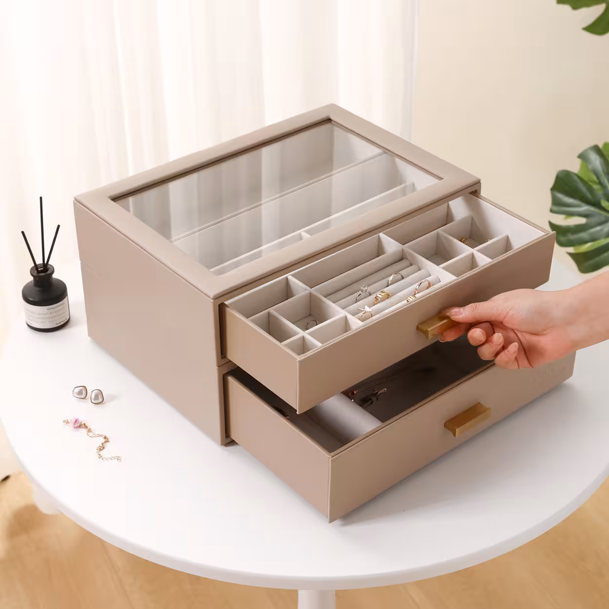 SortWithStyle Taupe Jewelry Box on Bedroom Vanity - Complete Organization Solution